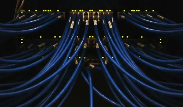 Câbles réseau bleus connectés à un serveur pour infogérance réseau entreprise